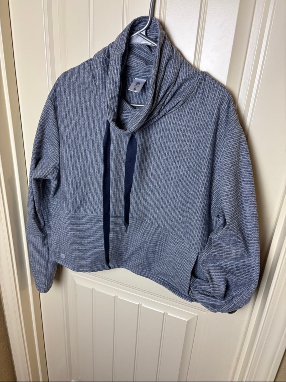 Senita Athletics Gray Ribbed Funnel Neck Pullover with Navy Drawstrings